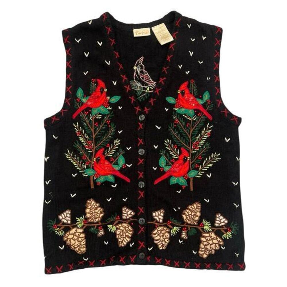 Vintage 90s Bobbi Brooks Cardinal Christmas Embroidered Sweater Vest